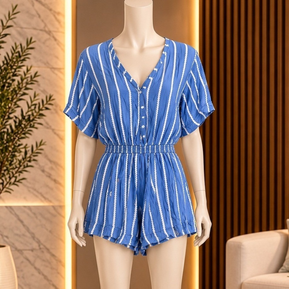 Beachgold Women Romper Blue White Striped Rayon Pineapple Charm Size Extra Small